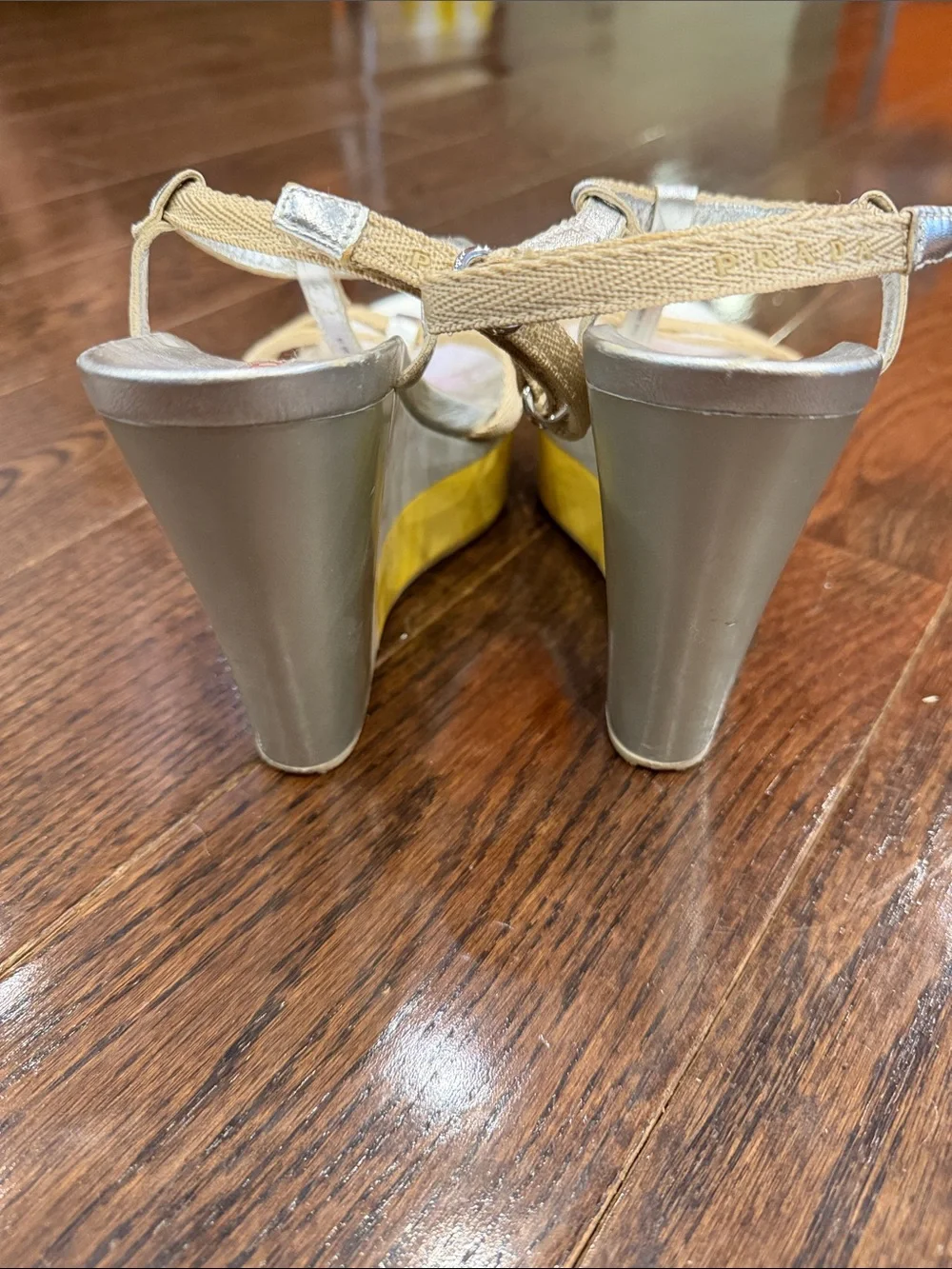 Prada Beige and Silver Platform T-Strap Sandals with Yellow Sole